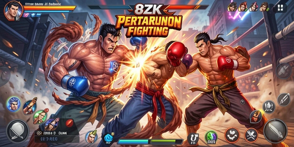 Screenshot gameplay menunjukkan karakter bertarung intens di arena.
