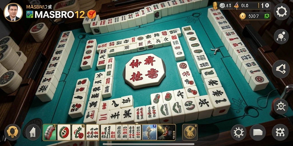 Tangkapan layar utama dari <strong>MASBRO12</strong> menunjukkan gameplay Mahjong yang mendebarkan.