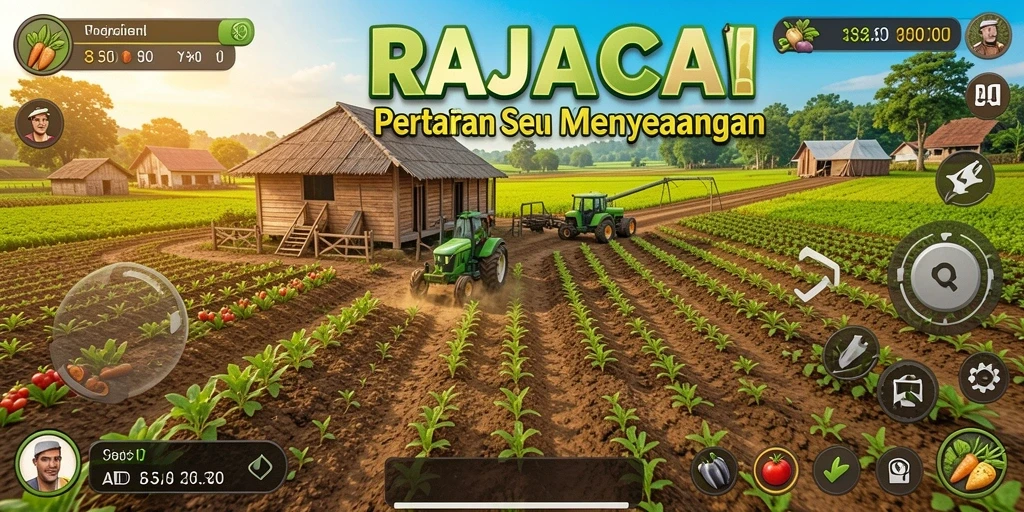 Screenshot gameplay RAJACAIR menampilkan pertanian yang subur dan aktif.