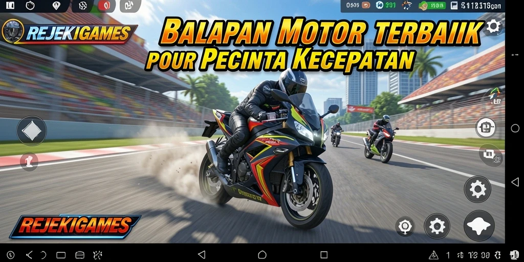 Tampilan gameplay seru dari REJEKIGAMES dalam aksi balapan motor.