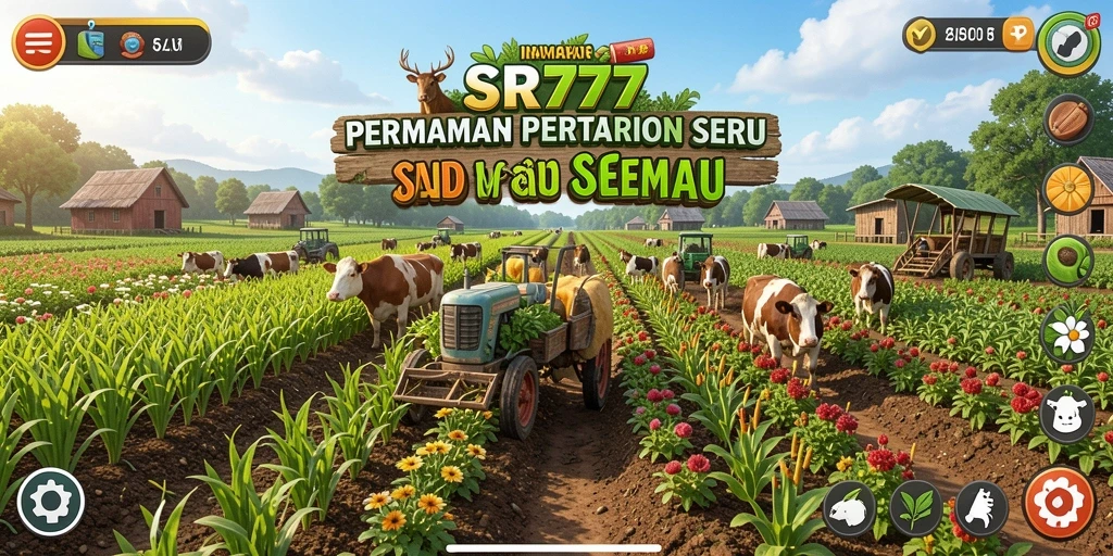 Tangkapan layar gameplay SR777 yang menampilkan kebun yang subur dan hewan ternak.