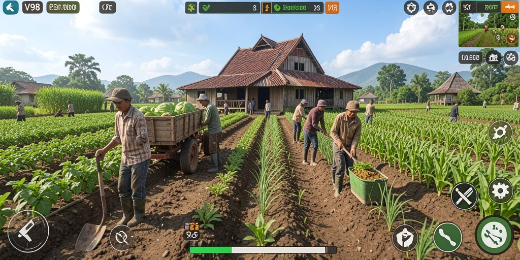 Tampilan gameplay V98 dengan grafis pertanian yang menarik dan interaktif.