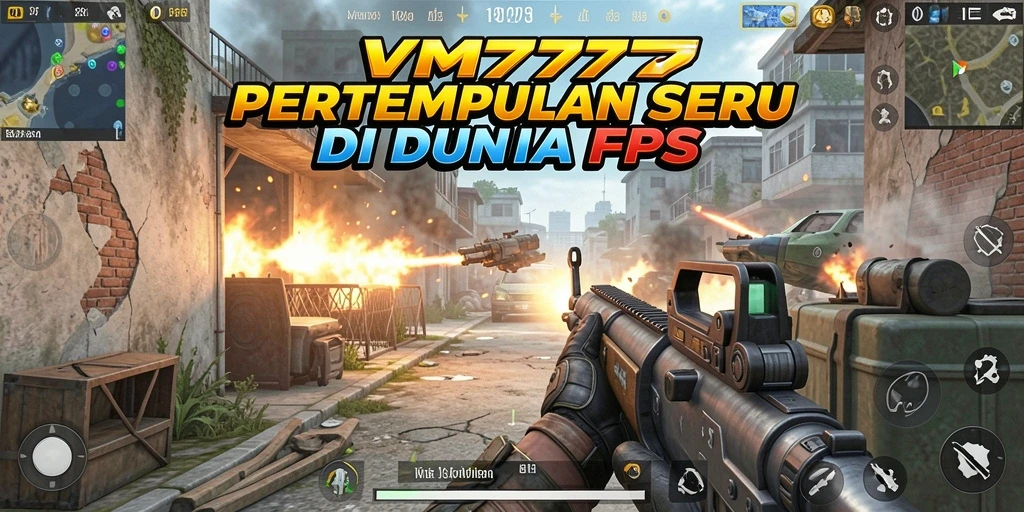 Screenshot utama menunjukkan aksi tembak-menembak yang intens dalam permainan FPS.